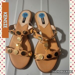 Kensie Tan Sandals with Gold Disc Studs